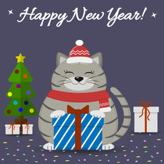 Postcard with cute dog corgi in Santa hat and scarf, sits in a gift box with a sweets, next to a Christmas tree on a dark background.