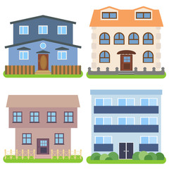 Set of four private houses on a white background. Vector illustration.
