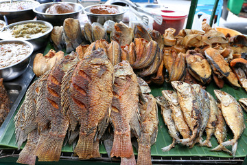 Variety of fried fish for sell at Saphan Khwai, Bangkok, Thailand