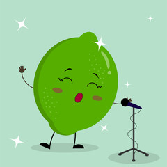 Сute lime Smiley in a cartoon style sings into the microphone.