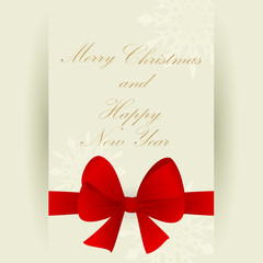 Christmas vector background with a red bow. Greeting card, invitation or banner. Merry Christmas and Happy New Year.