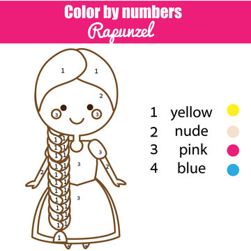 Children educational game. Coloring page with Rapunzel prnicess. Color by numbers, printable activity