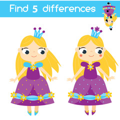 Find the differences educational children game. Kids activity sheet with princess character