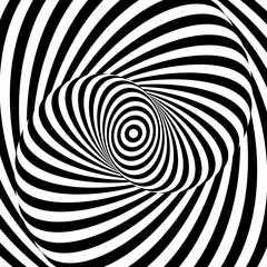 Monochrome hypnotic psychedelic spiral. Modern vector illustration with optical illusion. Twisted striped round shape. Magical decorative background. Element of design.