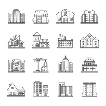 City buildings linear icons set