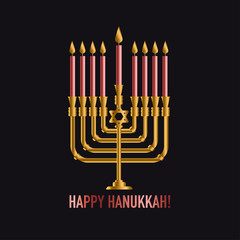 Bronze Hanukkah menorah with burning candles. Holiday greeting card concept. Retro instagram style jewish traditional candleholder