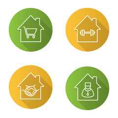 Houses flat linear long shadow icons set