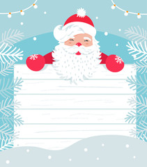 Santa Claus with White Wooden Board for Sign or Invitation to Christmas Event. Winter Snowy Backgound. Vector Illustration