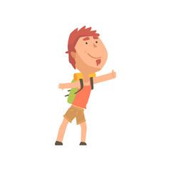 Cartoon male traveler hitchhiker, man trying to stop a car on a highway by hand, travelling by autostop vector Illustration