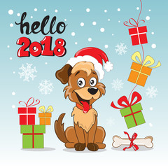 happy dog character 2018 in the cap of Santa Claus
