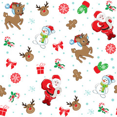 Christmas decorations and funny Santa Clauses seamless pattern