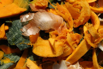 Orange pumpkin food waste scraps detail and onions