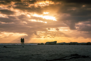 A couple look towards the setting sun on the beach near Cape Town, South Africa