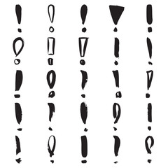 Exclamation marks. Collection of 25 hand painted marks isolated on a white background. Vector illustration