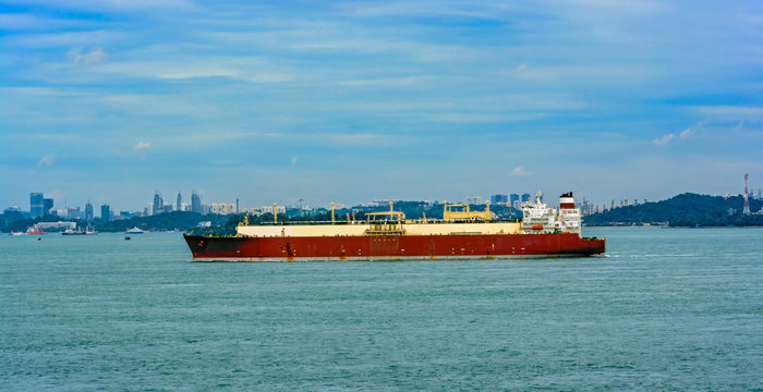 LNG tanker is passing by Singapore Strait.