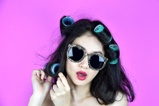 Dry And Damaged Hair With Hair Curlers Rollers, Nervous Girl Try To Styling Her Frizzy Hair, Hair Problems.