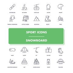 Line sport icons set. Snowboard