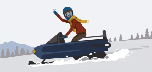 Fotobehang Snowmobiling. Happy smiling and Greetings man driving snowmobile in Snow capped mountains. Vector Illustration © ann131313.a