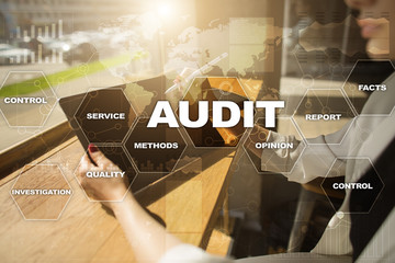 Audit business concept. Auditor. Compliance. Virtual screen technology.