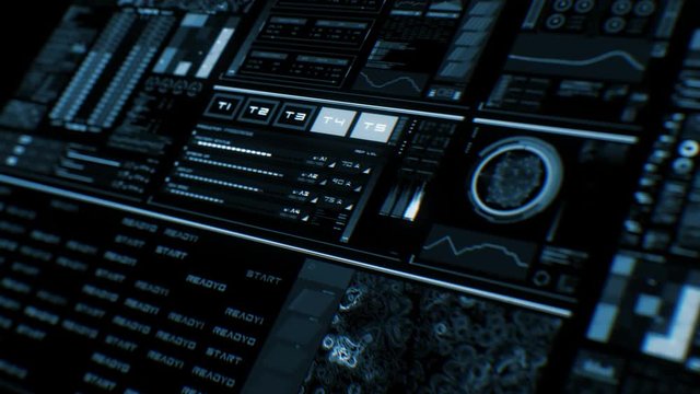 Perspective view of deep blue futuristic interface/Digital screen/Detailed abstract background. Blinking and switching indicators of command center computer,processing data, AI.