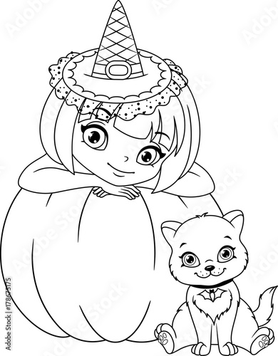 "Witch with Kitten Coloring Page" Stock image and royalty-free vector