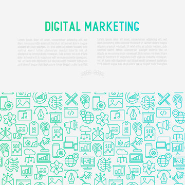 Digital marketing concept with thin line icons: searching idea, development, optimization, management, communication. Vector illustration for banner, web page, print media.