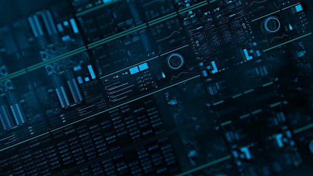 Perspective view with out of focus areas of futuristic interface/Digital screen/Detailed abstract background. Blinking and switching indicators of command center computer,processing data, AI.