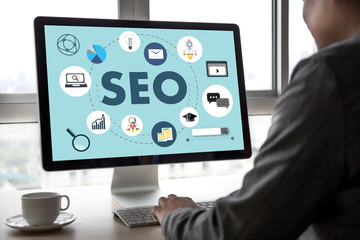 Local SEO Concept Business team hands at work with financial reports Links Global Hyperlink search engine optimization and a laptop