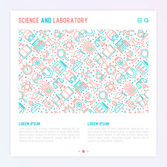 Science and laboratory concept with thin line icons of scientist, dna, microscope, scales, magnet, respirator, spirit lamp. Vector illustration for banner, web page, print media.