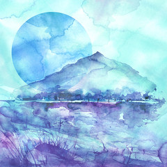 Watercolor mountain landscape, blue, purple mountains, peak, forest silhouette, reflection in the river, blue moon, full moon. Wild grass, highlands, branches, flowers. Watercolor landscape, painting.
