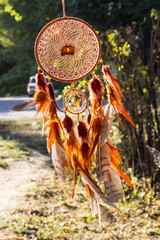 Handmade dream catcher with feathers threads and beads rope hanging