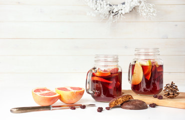 Warm red mulled wine in two glasses