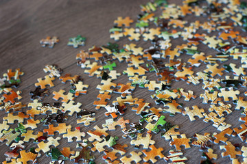 A puzzle with colorful details scattered on a wooden surface