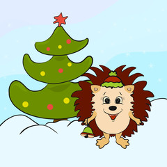 Happy hedgehog with a bell near a Christmas tree