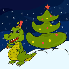 Night christmas background with cheerful crocodile