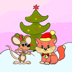 Cheerful kitten and mouse near the Christmas tree