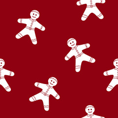 Seamless Pattern with a Christmas Gingerbread Man , Christmas Decoration on a Red Background, Vector Illustration
