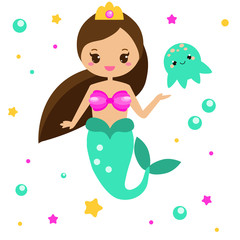 Cute Mermaid with jellyfish. Cartoon character, kawaii style. vector illustration