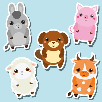 Cute kawaii farm animals stickers set. Vector illustration. Pig, dog, sheep, cow