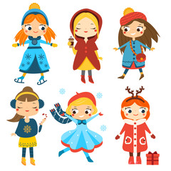 Cute winter girls set. Kids winter activity. Vector collection of cartoon female characters