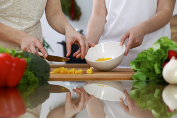 Close-up of  human hands  cooking in a kitchen. Friends having fun while preparing fresh salad. Vegetarian, healthy meal and friendship concept
