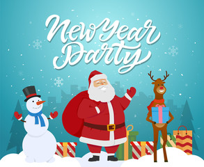 New Year party - cartoon characters illustration with Santa, raindeer, snowman
