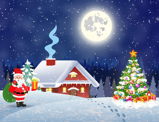 house in snowy Christmas landscape at night