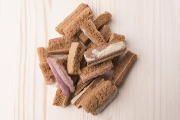 Sweet croutons on a wooden background