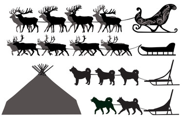 Silhouettes of deer sleds and dog sleds