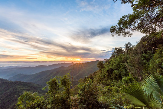 Fototapeta Mountain forest landscape under sunrise sky with clouds.