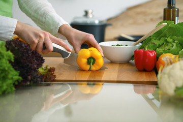 Closeup of human hands cooking vegetables salad in kitchen on the glass  table with reflection