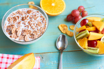 Healthy eating. Salad of fruits and oatmeal porridge