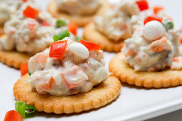 Tasty crackers with cream cheese,carrot.Healthy snacks, on dish