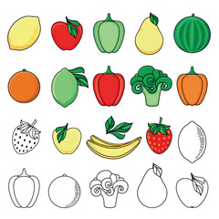 vector flat sketch style fresh ripe fruits, vegetables set. Apple, lime bellpepper apple, watermelon pear, orange strawberry banana, broccoli and monochrome versions. Isolated illustration